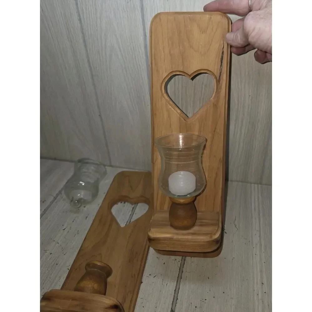 Vintage 90s Wood Heart Sconce Set W/Clear Ruffled Votives Cottagecore Heritage